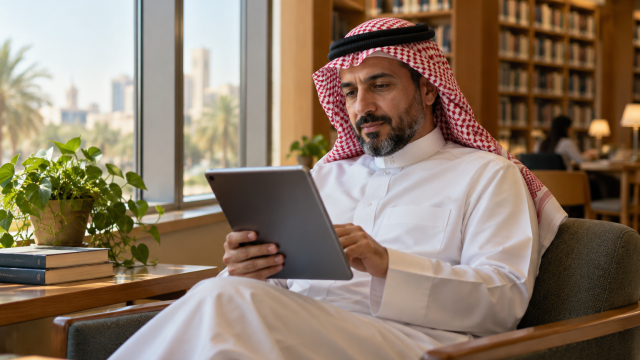 A reader using a tablet beside the window in a quiet library