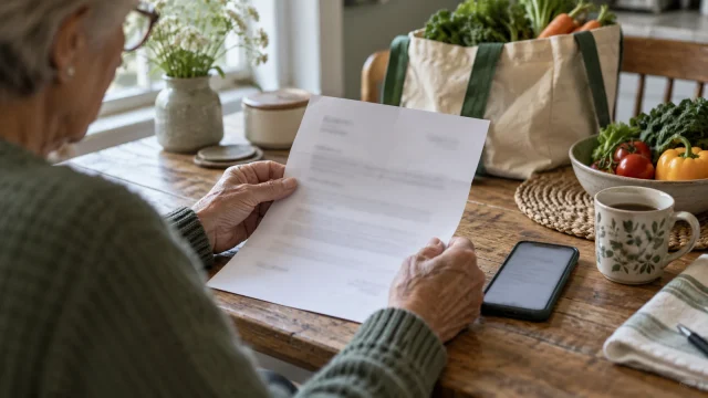 Older adult reviewing a generic postal notification beside a smartphone and groceries at a kitchen table; AI-generated editorial illustration