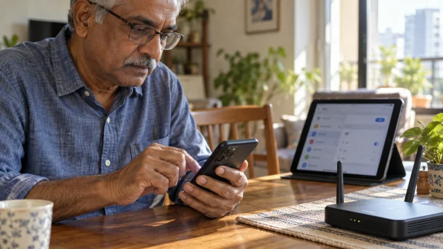 Older man checking a smartphone beside a home Wi-Fi router; illustrative encrypted DNS configuration scene