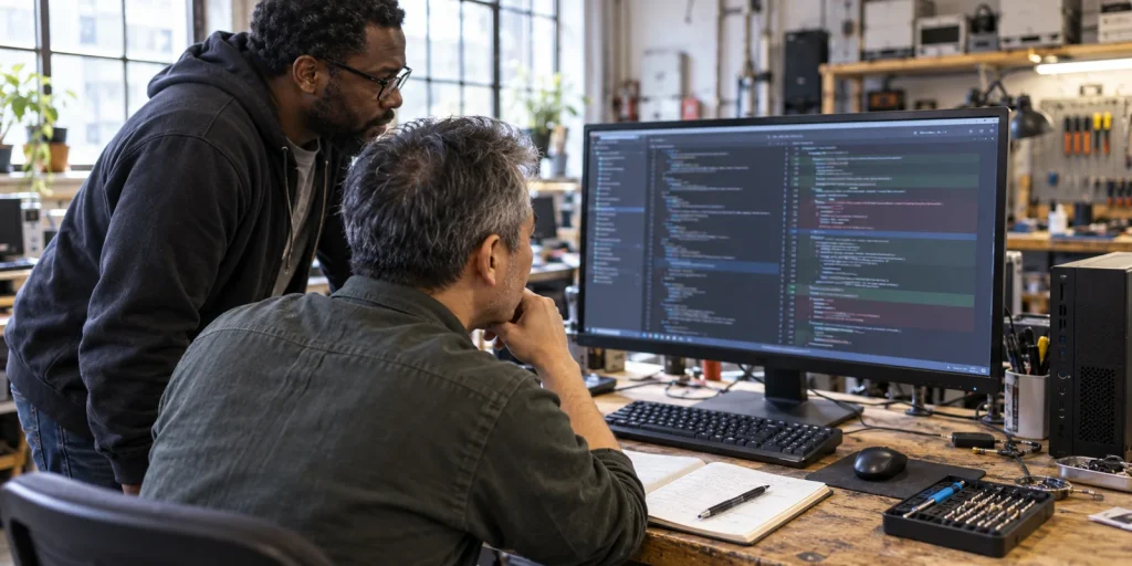Two adults reviewing blurred source code on a desktop monitor in a daylight community repair workshop; AI-generated editorial illustration