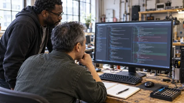 Two adults reviewing blurred source code on a desktop monitor in a daylight community repair workshop; AI-generated editorial illustration