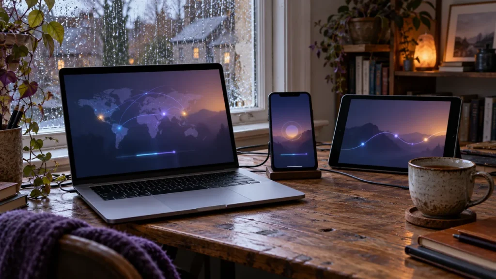 Laptop, tablet and phone on a wooden workbench beside a rainy window; illustrative cross-device VPN scene