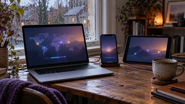 Laptop, tablet and phone on a wooden workbench beside a rainy window; illustrative cross-device VPN scene
