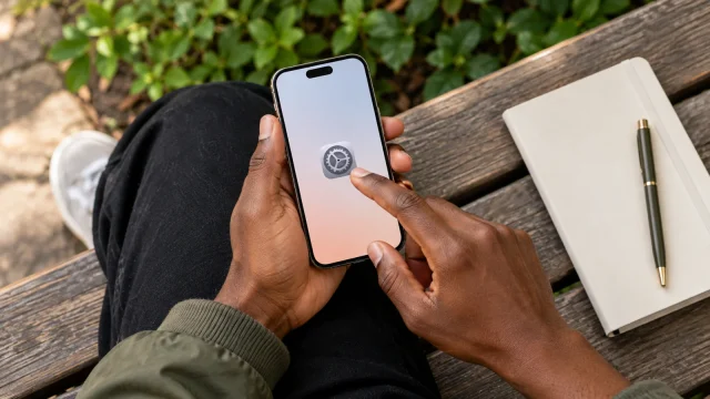 Dark-skinned hands reviewing phone settings on an outdoor bench