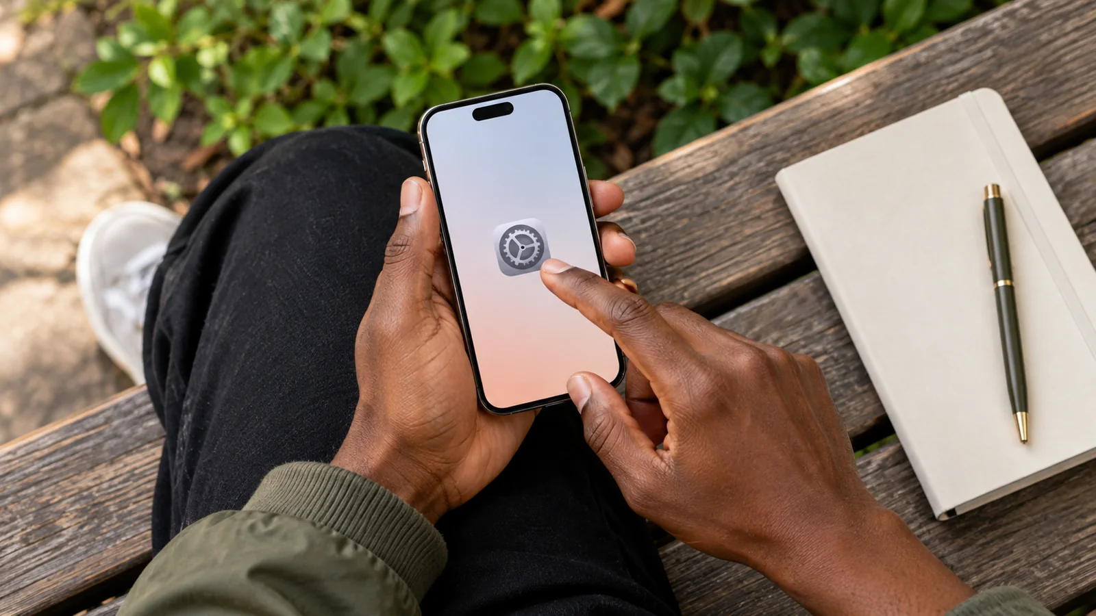 Dark-skinned hands reviewing phone settings on an outdoor bench