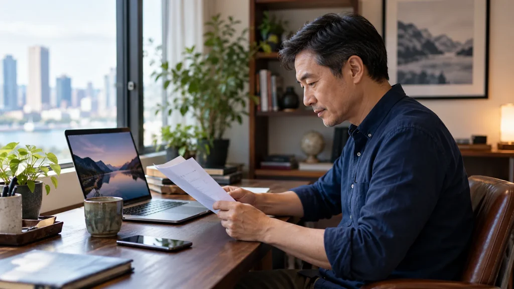 Man reviewing subscription paperwork beside a laptop at home