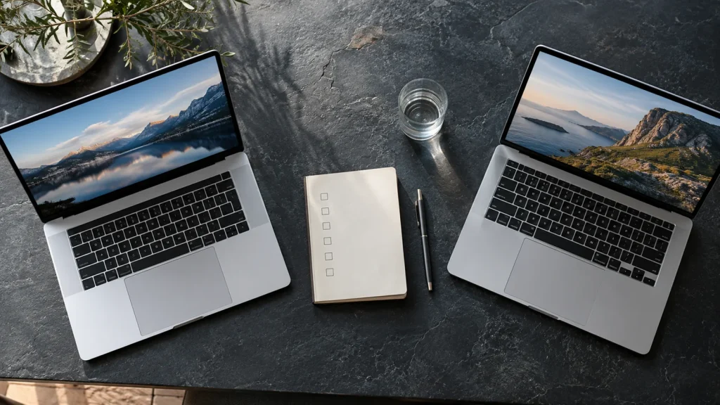 Two laptops and a clipboard checklist viewed from above