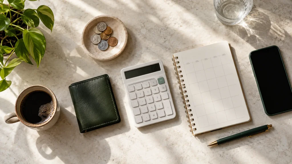 Calculator, planner, coins, wallet and smartphone on a stone table