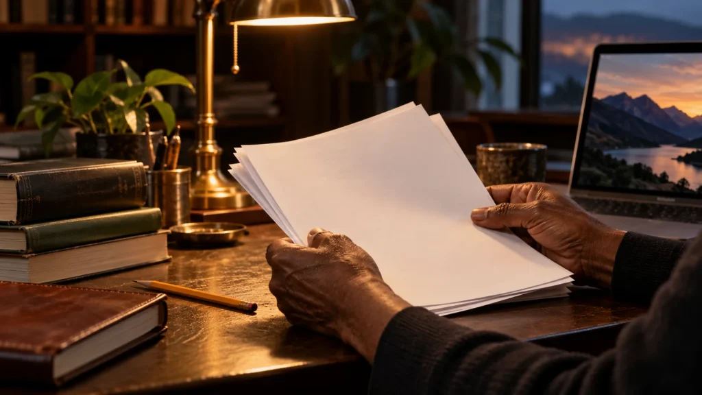 Editor’s hands reviewing proof pages at a research desk