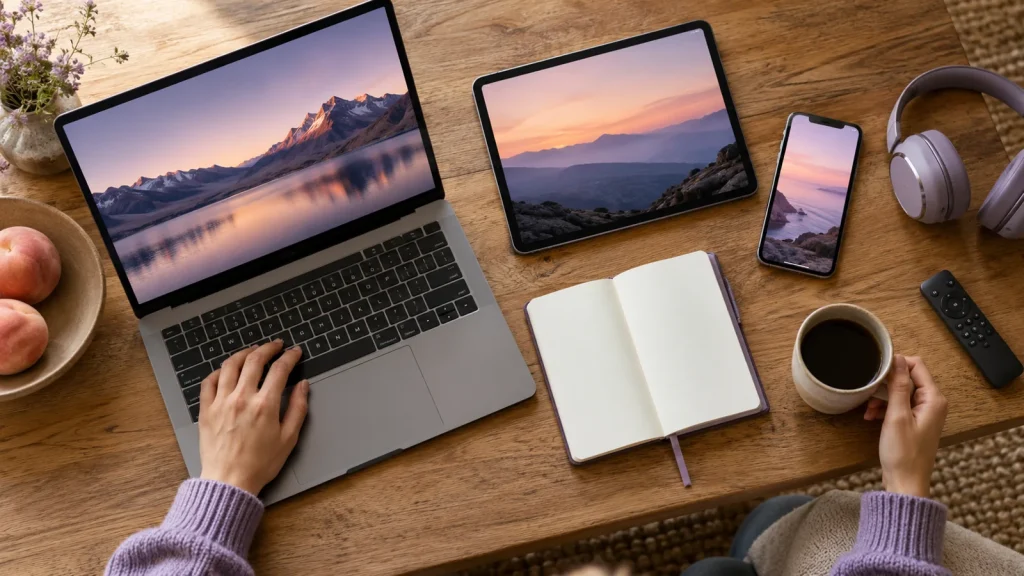 Laptop, tablet, phone, headphones and TV remote on a household table
