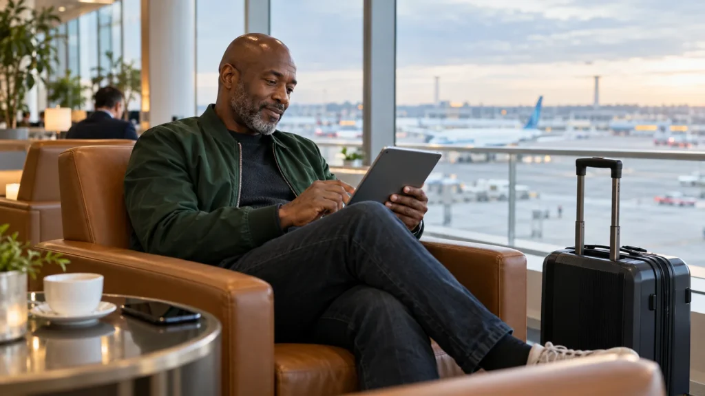 Mature Black traveler using a tablet in an airport lounge