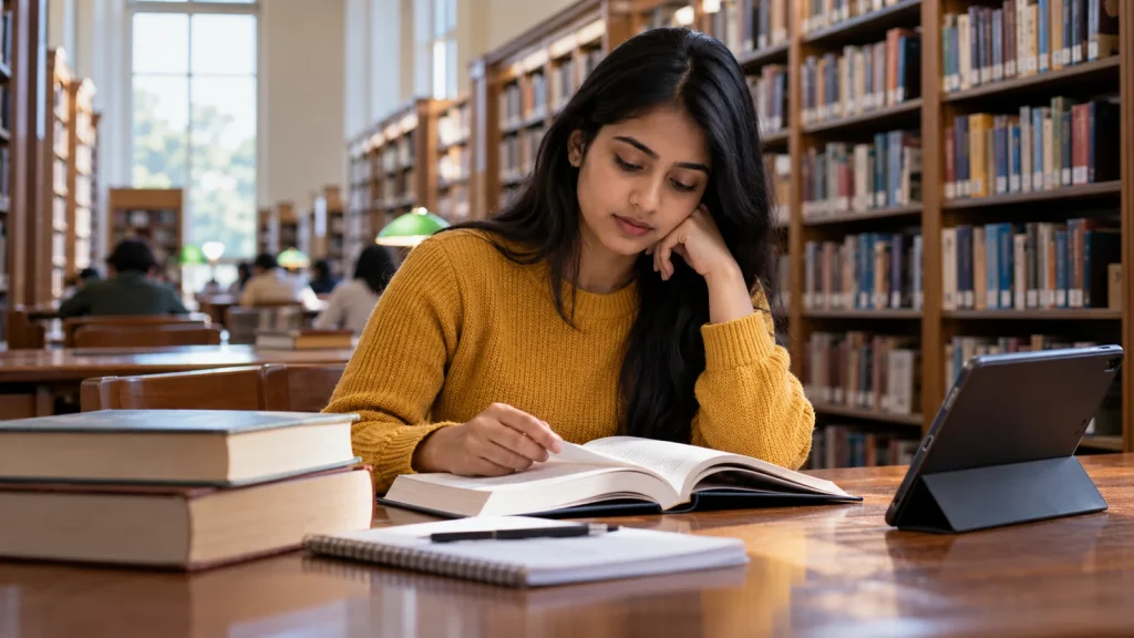 South Asian woman studying with a book and tablet in a library
