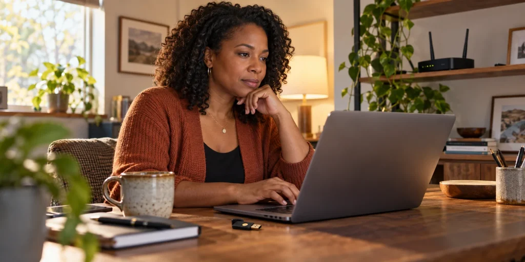 A Black woman in her forties working at a small home office desk with a laptop and security key, thoughtful posture, warm sidelight, a simple network router on a shelf, no readable screen.; AI-generated editorial illustration