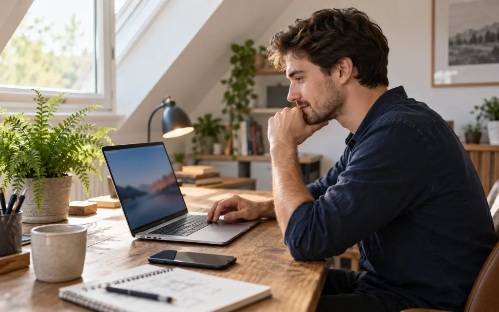 Man setting up a slim laptop in a bright attic home office; AI-generated editorial illustration, not a product test