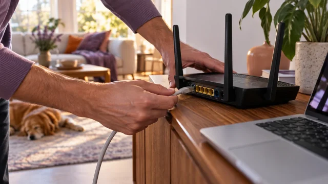 Hands connecting a home Wi-Fi router beside a laptop