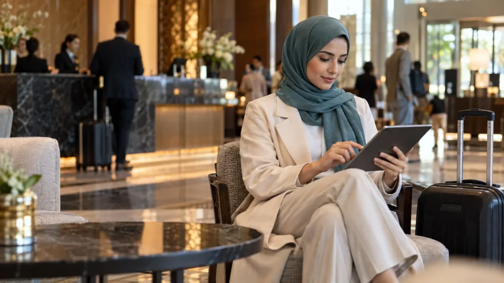 Woman in a teal hijab using a tablet in a hotel lobby