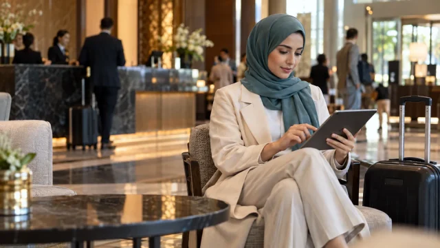 Woman in a teal hijab using a tablet in a hotel lobby