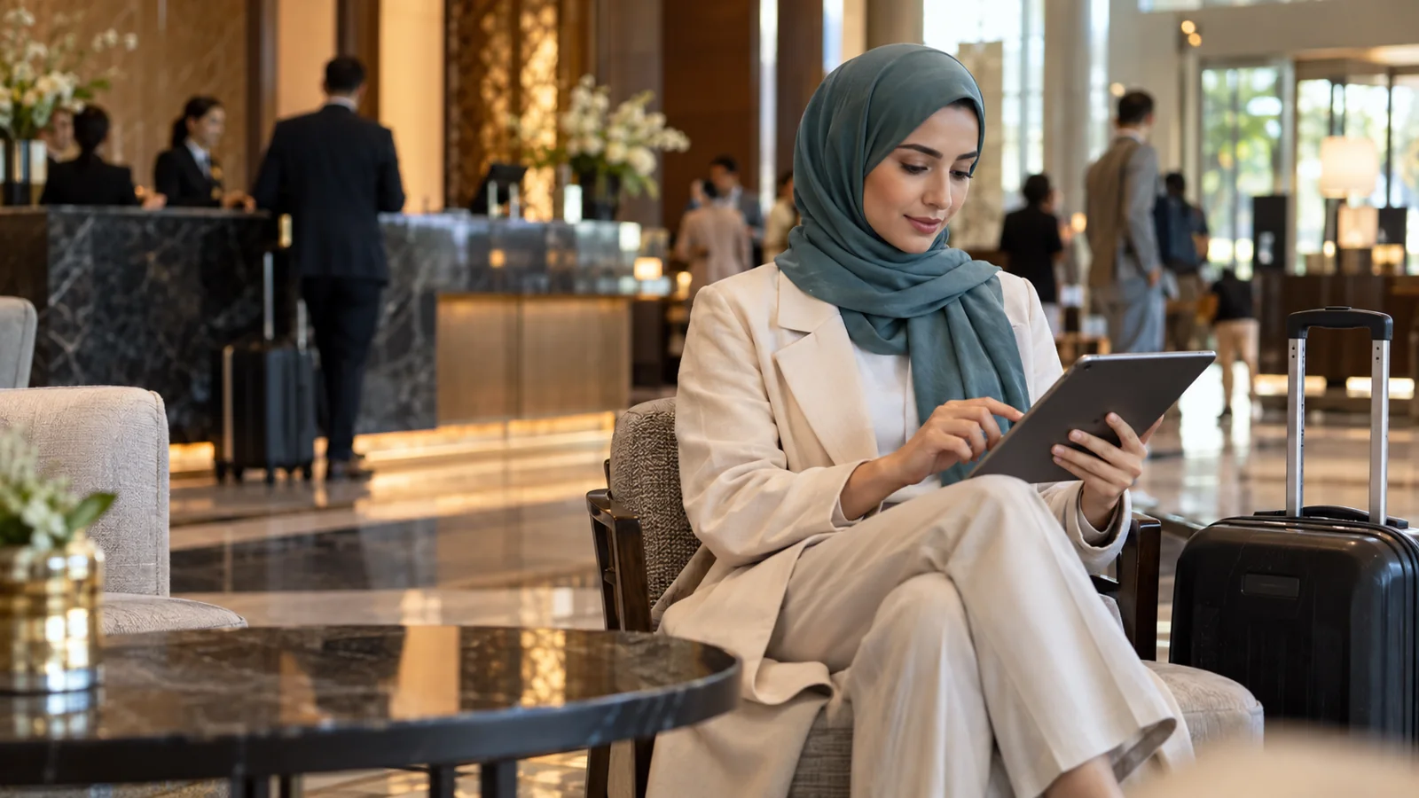 Woman in a teal hijab using a tablet in a hotel lobby