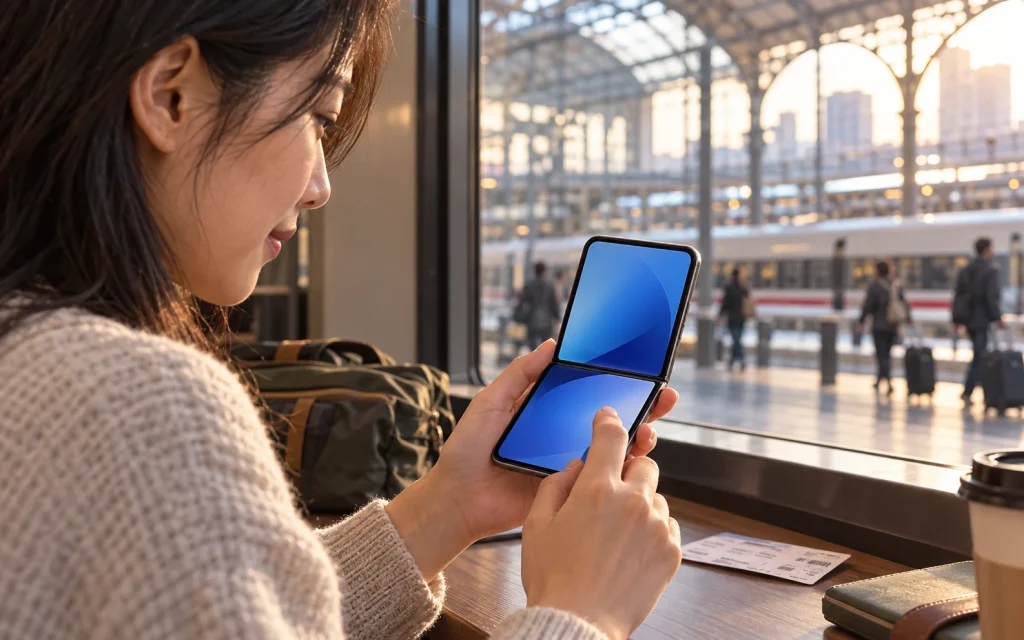 Traveler using a generic foldable smartphone beside a station window; AI-generated conceptual illustration, not an actual iPhone Duo or VPN product test