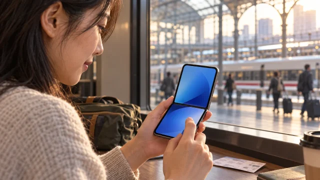 Traveler using a generic foldable smartphone beside a station window; AI-generated conceptual illustration, not an actual iPhone Duo or VPN product test