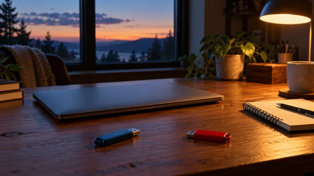 Two differently colored unbranded USB sticks beside a closed laptop at dusk; AI-generated conceptual illustration, not an actual Tails installation or product test