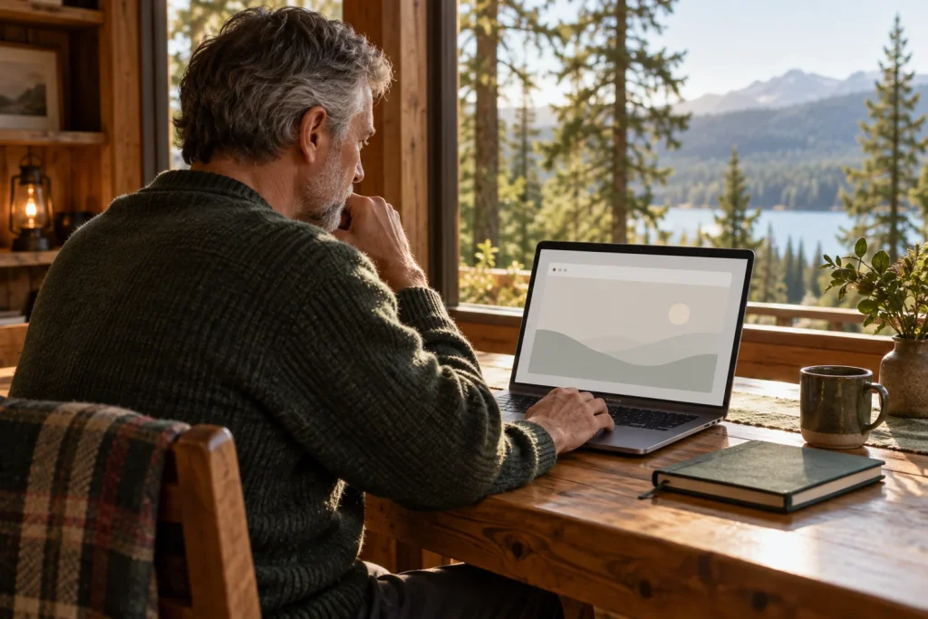 Adult man viewing a generic laptop in a forest cabin; AI-generated conceptual illustration, not an actual Tor Browser screenshot, customer or product test