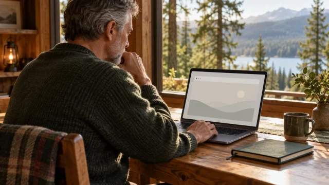 Adult man viewing a generic laptop in a forest cabin; AI-generated conceptual illustration, not an actual Tor Browser screenshot, customer or product test