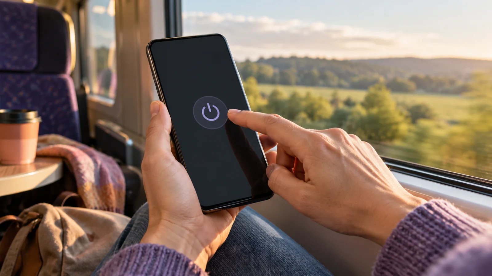 Hands using an Android-style phone during a train journey