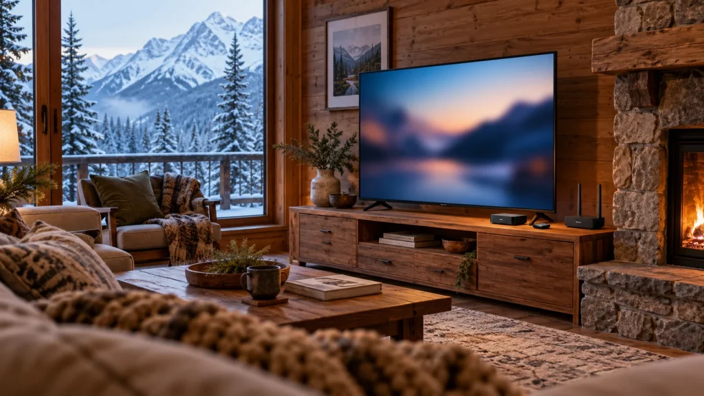 A quiet mountain cabin living room with a television, an unbranded small streaming box, remote and compact Wi-Fi router on a timber console; AI-generated editorial illustration