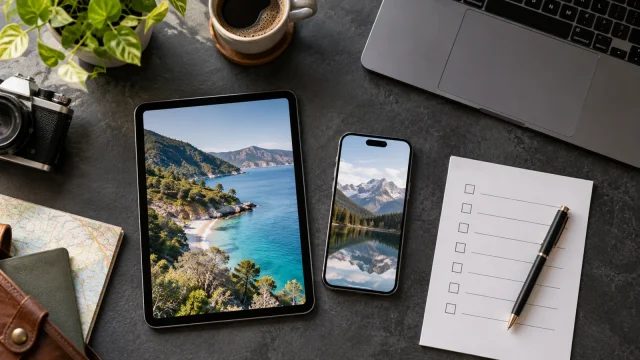 Devices and an unlabeled checklist arranged on a charcoal worktop