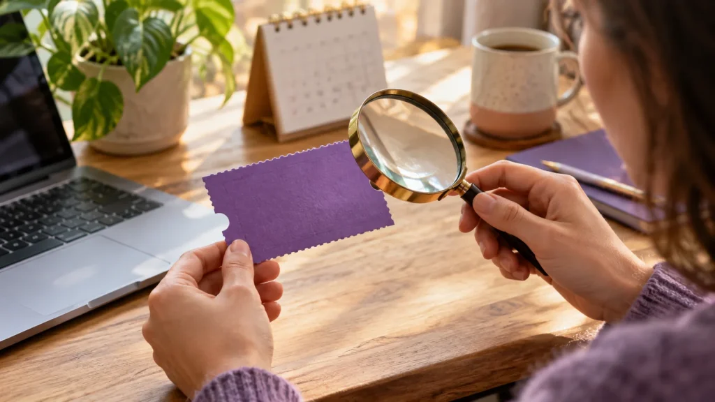 Person examining a discount voucher with a magnifying glass