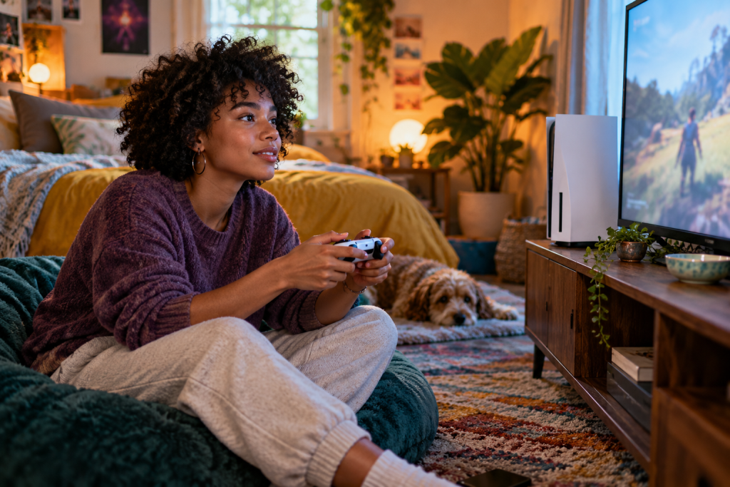 A gamer holding a controller beside a console and television in her bedroom