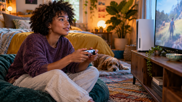 A gamer holding a controller beside a console and television in her bedroom