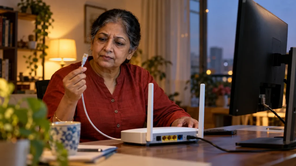 Older South Asian woman troubleshooting a router and desktop computer