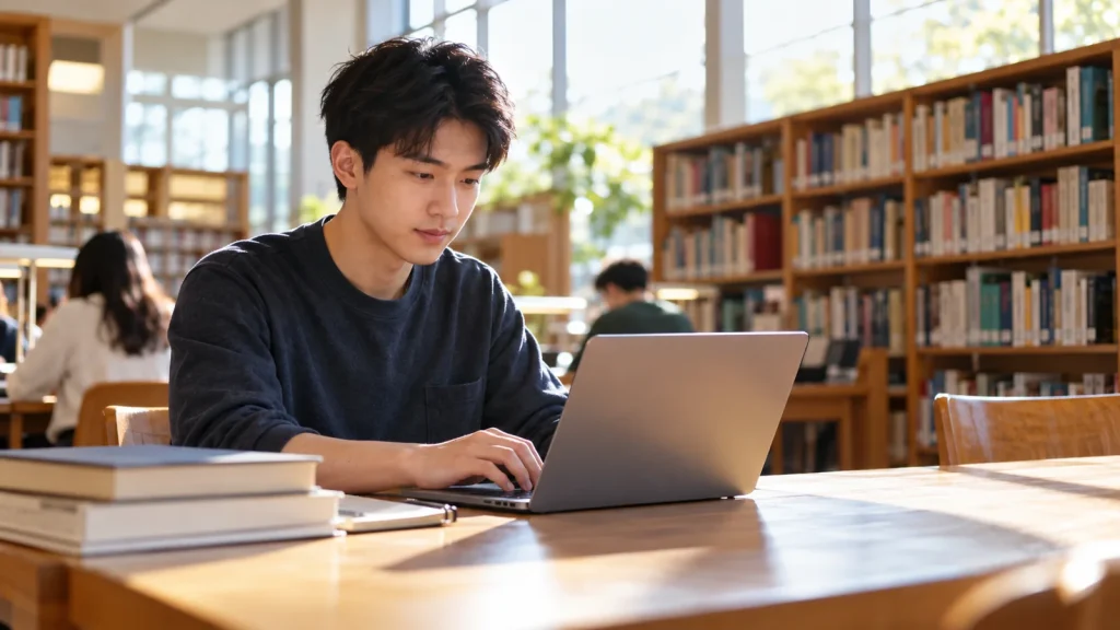 An East Asian adult student with short dark hair using an unbranded small lightweight laptop in a sunlit public library, bookshelf background, candid natural photograph style, no school logos.; AI-generated editorial illustration