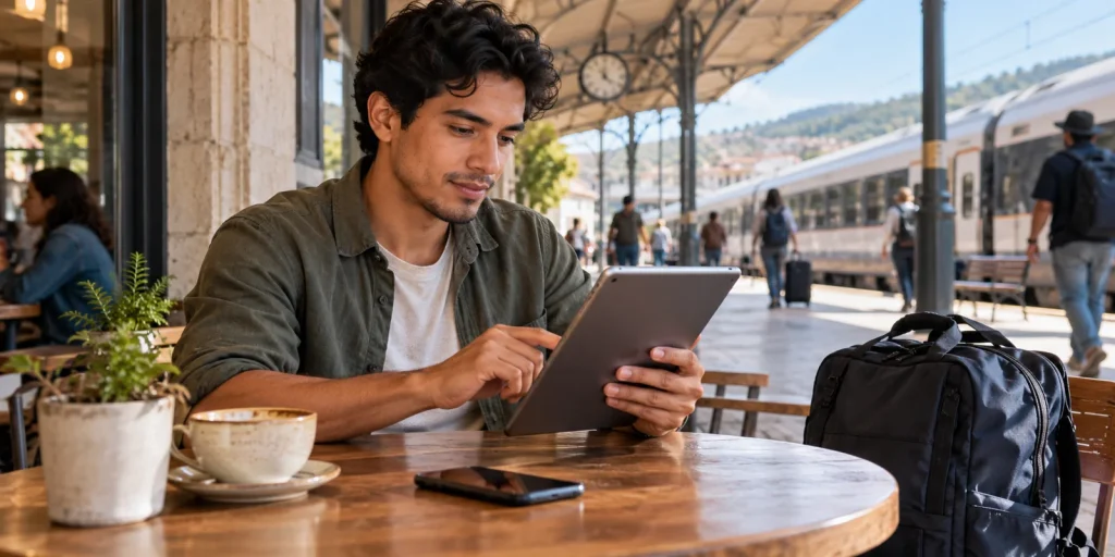A young Latino man using a tablet beside his smartphone on a small railway station cafe table, travel bag nearby, candid daylight, devices realistic and unbranded.; AI-generated editorial illustration