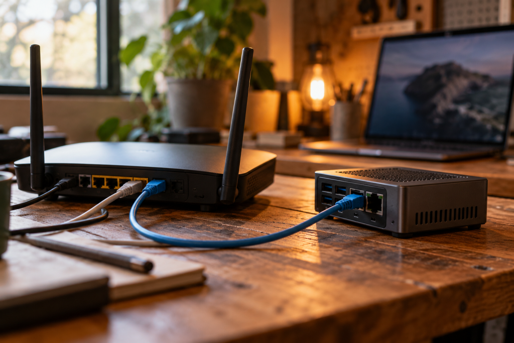 A home network router and compact computer with cables on a wooden workbench