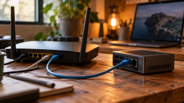 A home network router and compact computer with cables on a wooden workbench