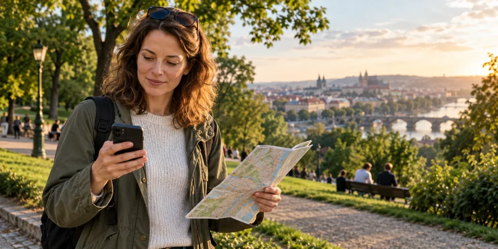 A white woman in her thirties in a green city park looking at a smartphone while holding a folded paper map, natural late-afternoon light, candid expression, no legible text, no location pins or floating icons.; AI-generated editorial illustration