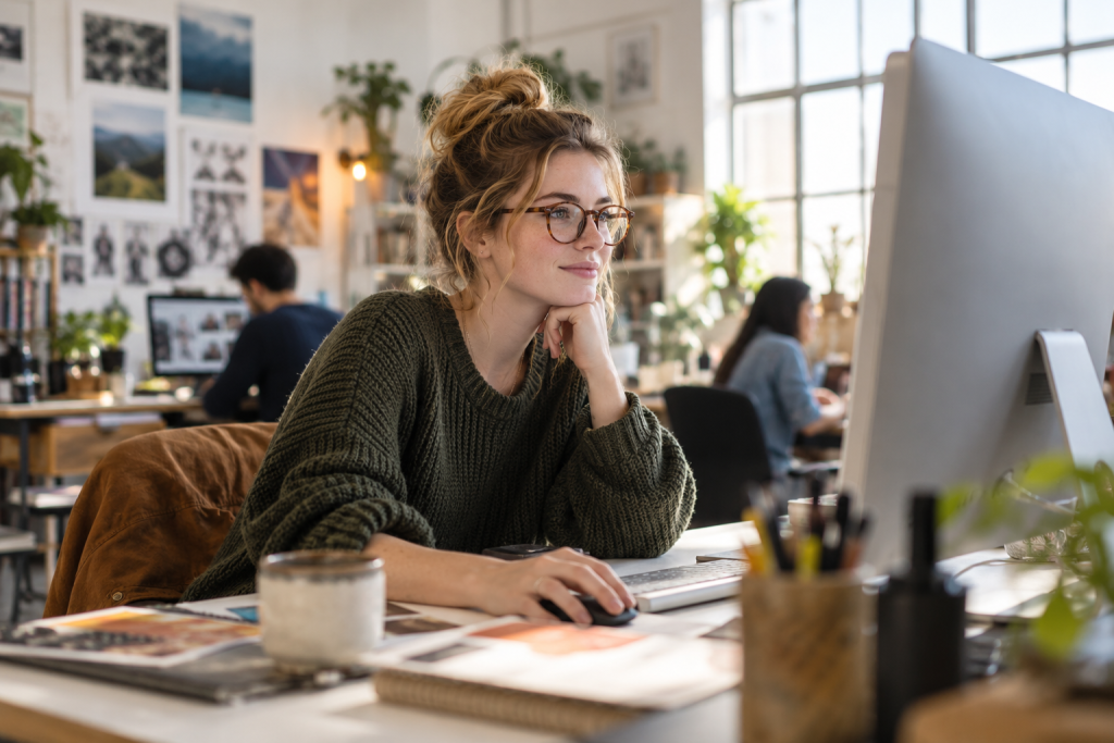 A graphic designer working at a desktop in a bright shared studio