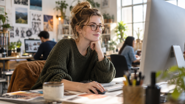 A graphic designer working at a desktop in a bright shared studio