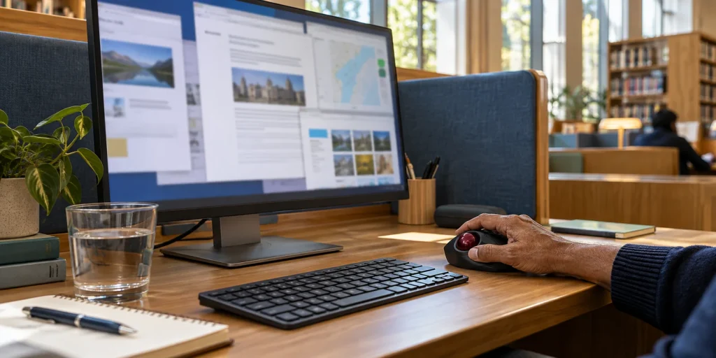 Desktop monitor with blurred browser windows and a hand using a trackball in a sunlit library booth; AI-generated editorial illustration