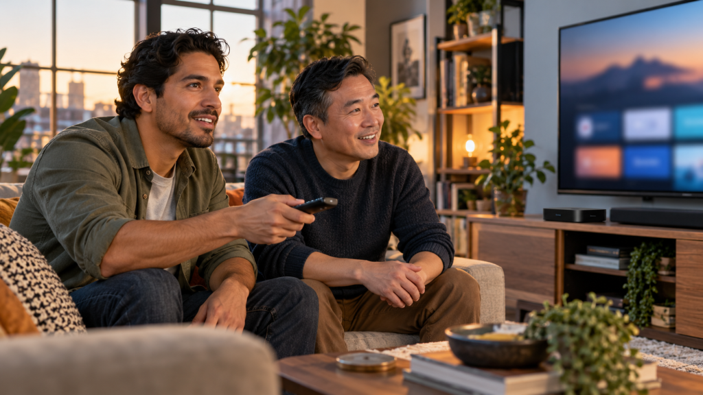 Two adult friends checking a television with a remote in a bright living room; AI-generated editorial illustration
