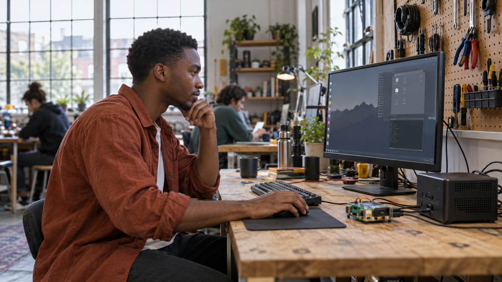 Linux user at a desktop workstation in a naturally lit community makerspace, editorial illustration