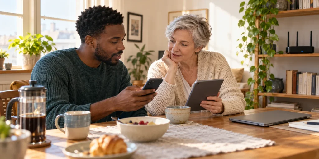 Two adult housemates using a smartphone and tablet at a sunny breakfast table, with a closed laptop and router nearby; AI-generated editorial illustration