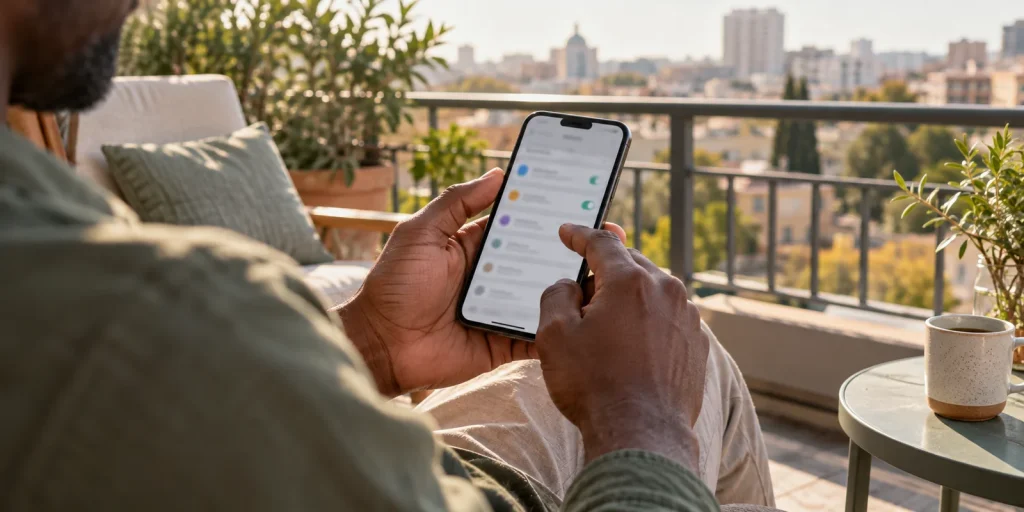 Adult reviewing blurred smartphone settings on a quiet balcony; AI-generated editorial illustration, not a product screenshot