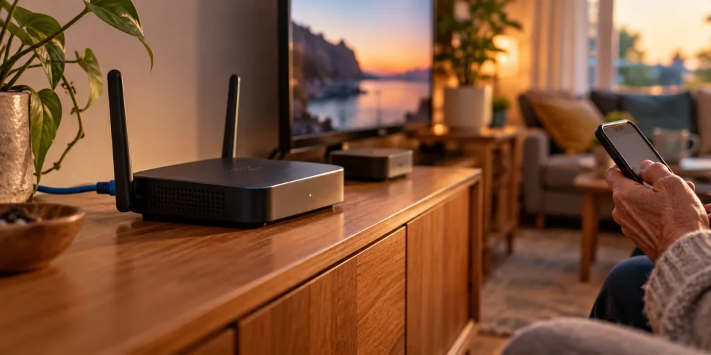 Generic Wi-Fi router on a wooden sideboard beside a streaming device, with an older adult holding a phone at the edge of a warmly lit living room; AI-generated editorial illustration