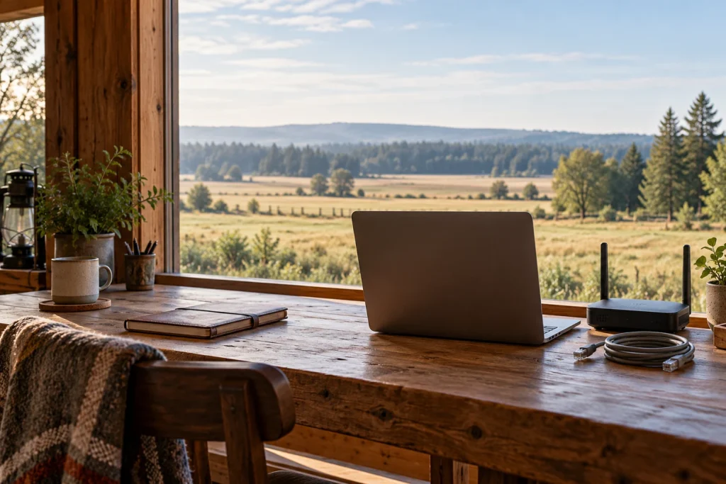 Rural home workspace with a laptop, generic router and Ethernet cable overlooking farmland; AI-generated editorial illustration, not an actual Starlink installation or product test