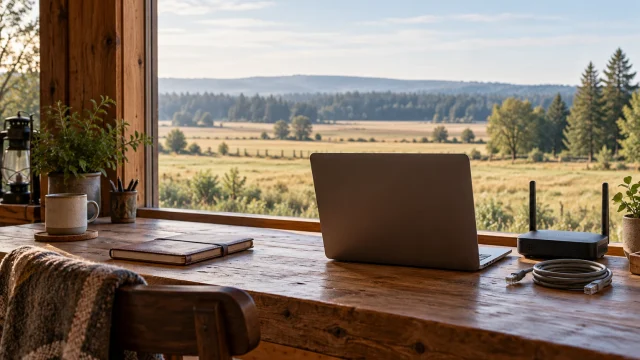 Rural home workspace with a laptop, generic router and Ethernet cable overlooking farmland; AI-generated editorial illustration, not an actual Starlink installation or product test
