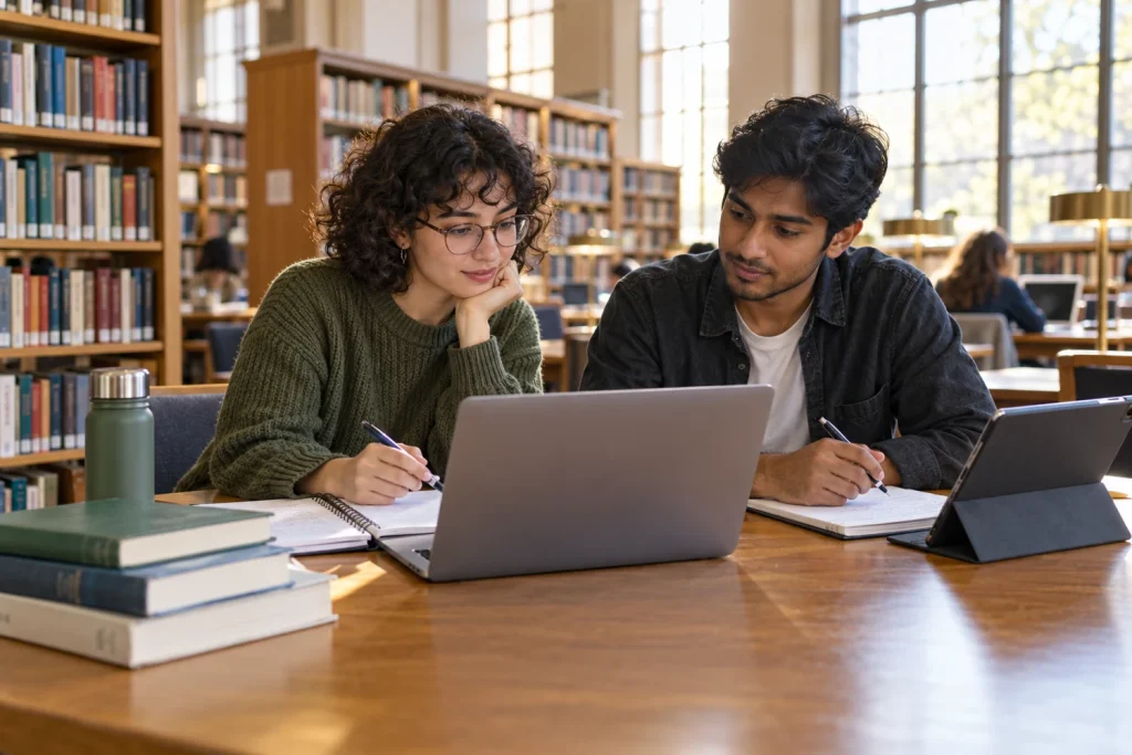 Two adult students using a laptop and tablet in a library; AI-generated editorial illustration, not actual customers or students at a named university